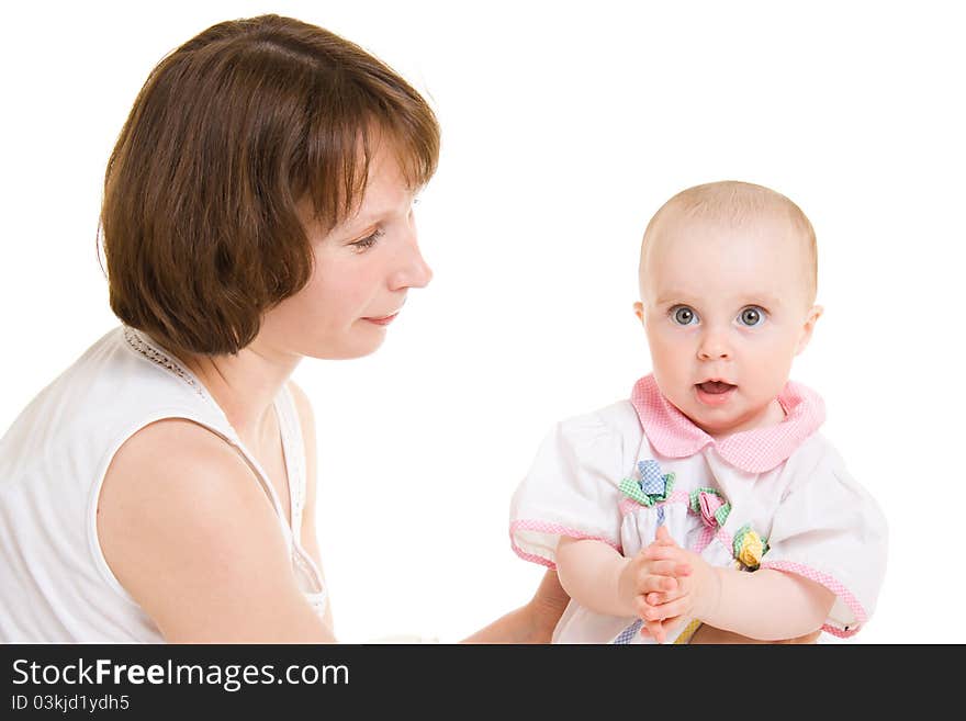 Mother with a baby on a white background