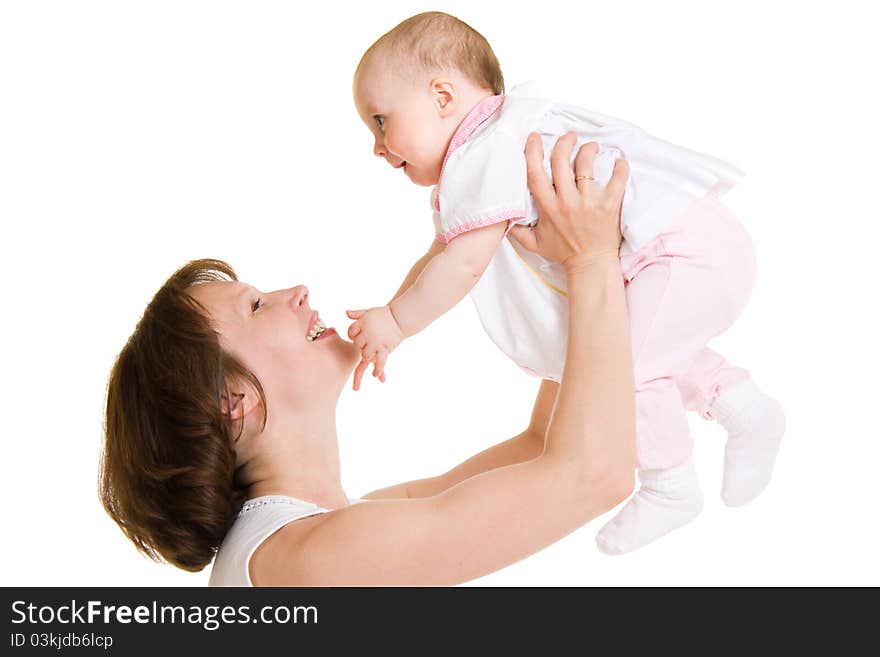 Mother with a baby on a white background