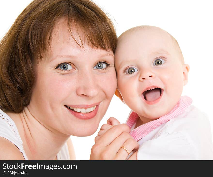 Mother with a baby on a white background