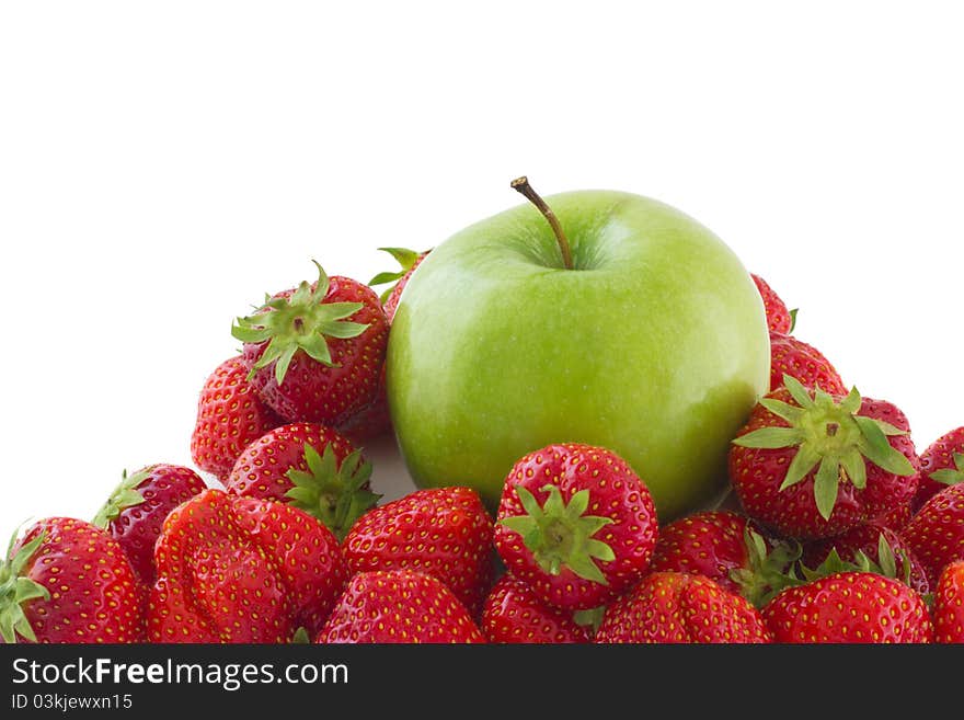 Composition of group of strawberries and green apple, isolated on a white background. Composition of group of strawberries and green apple, isolated on a white background.