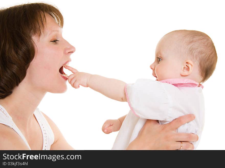 Mother with a baby on a white background.