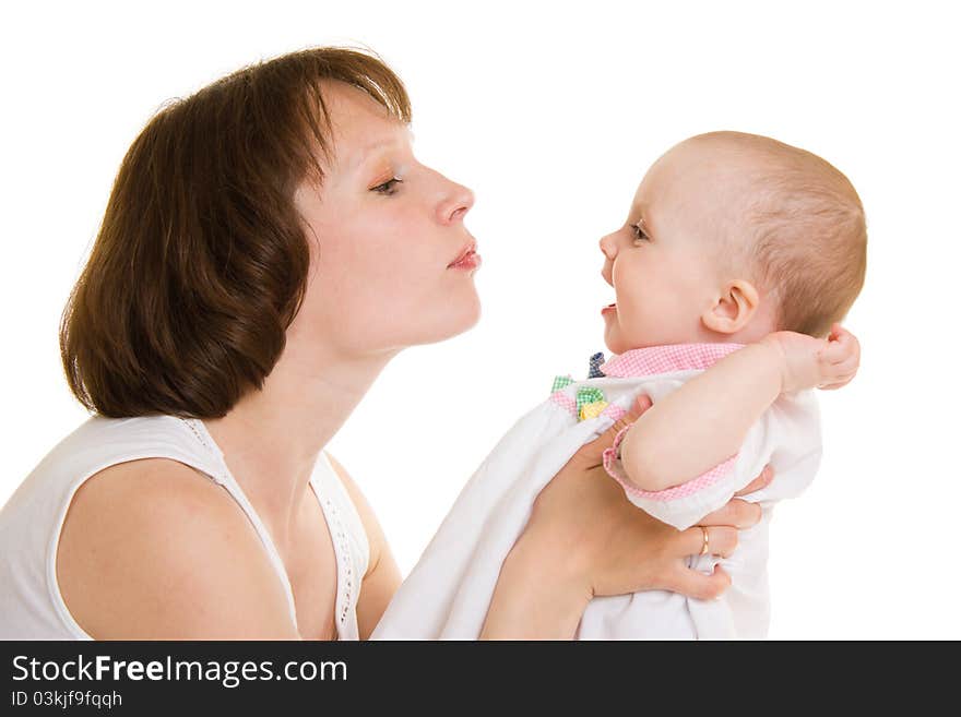 Mother with a baby on a white background.