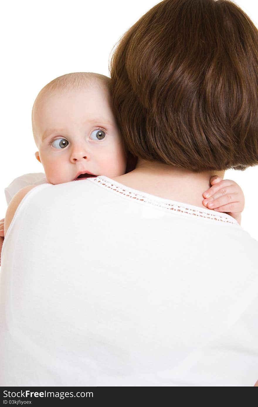 Mother with a baby on a white background.