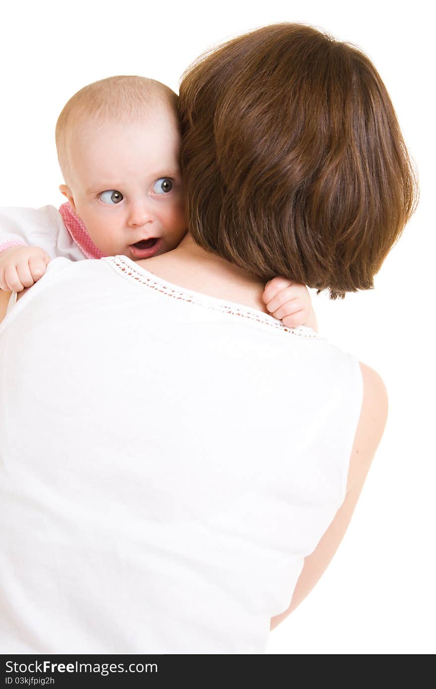 Mother with a baby on a white background.