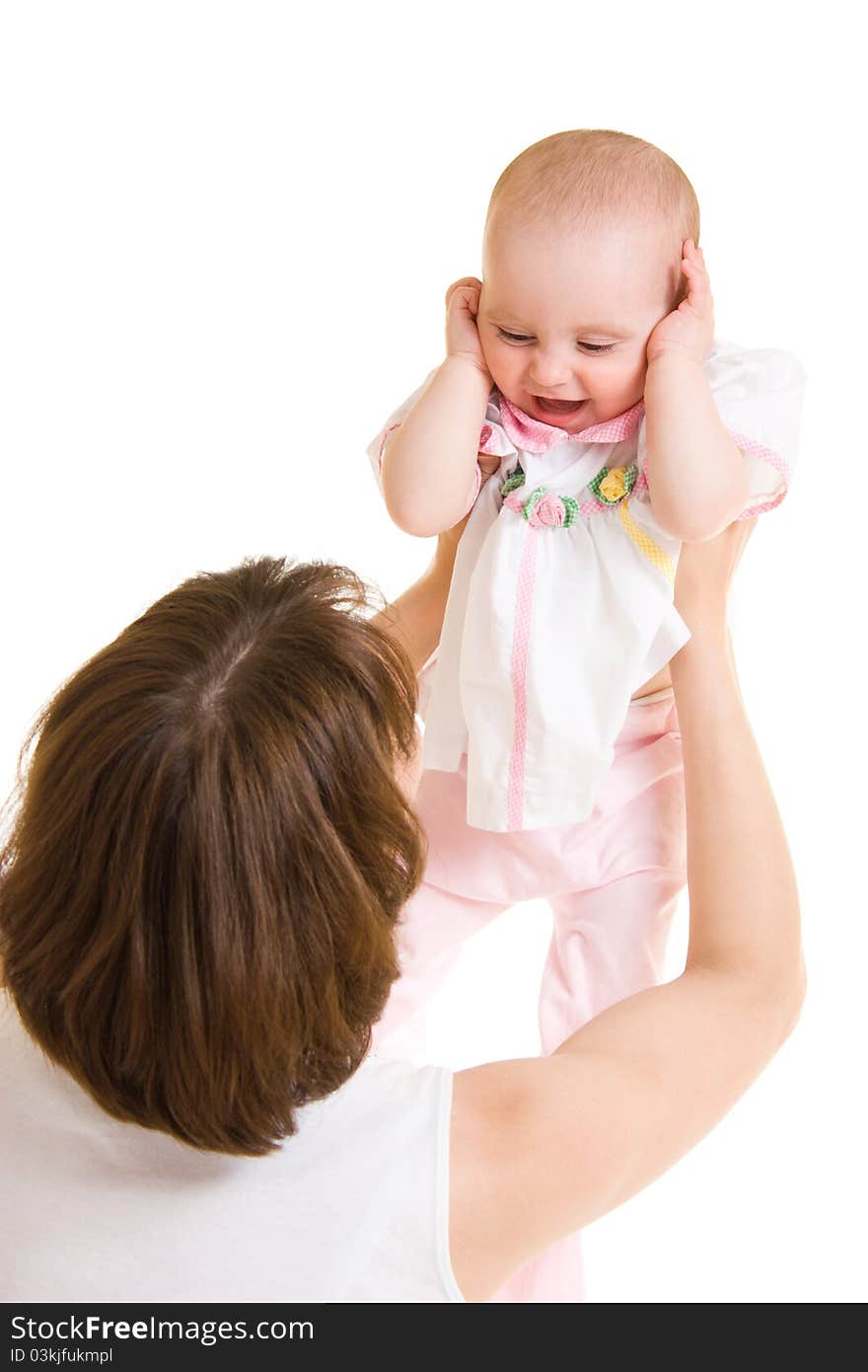 Mother with a baby on a white background.