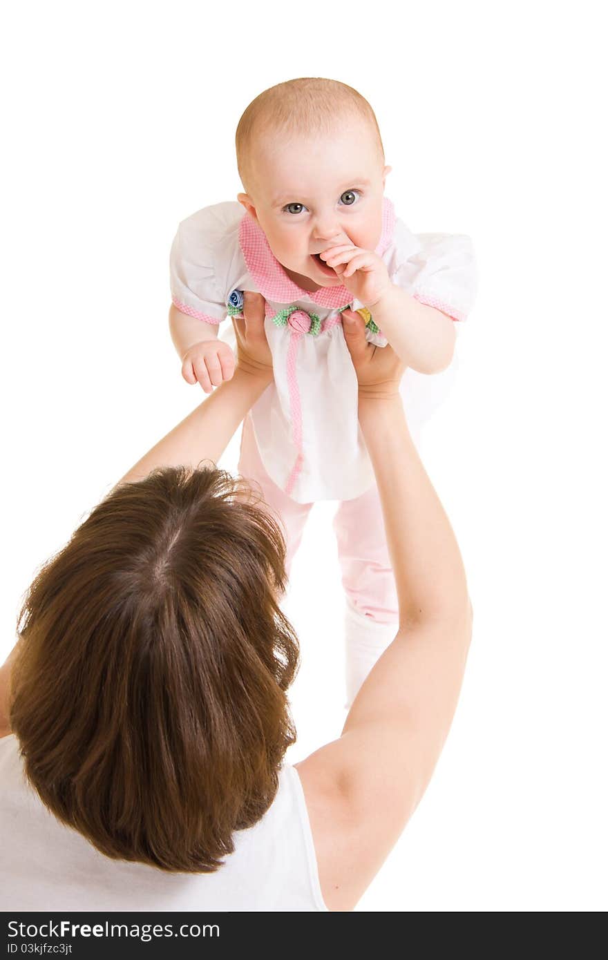 Mother with a baby on a white background.