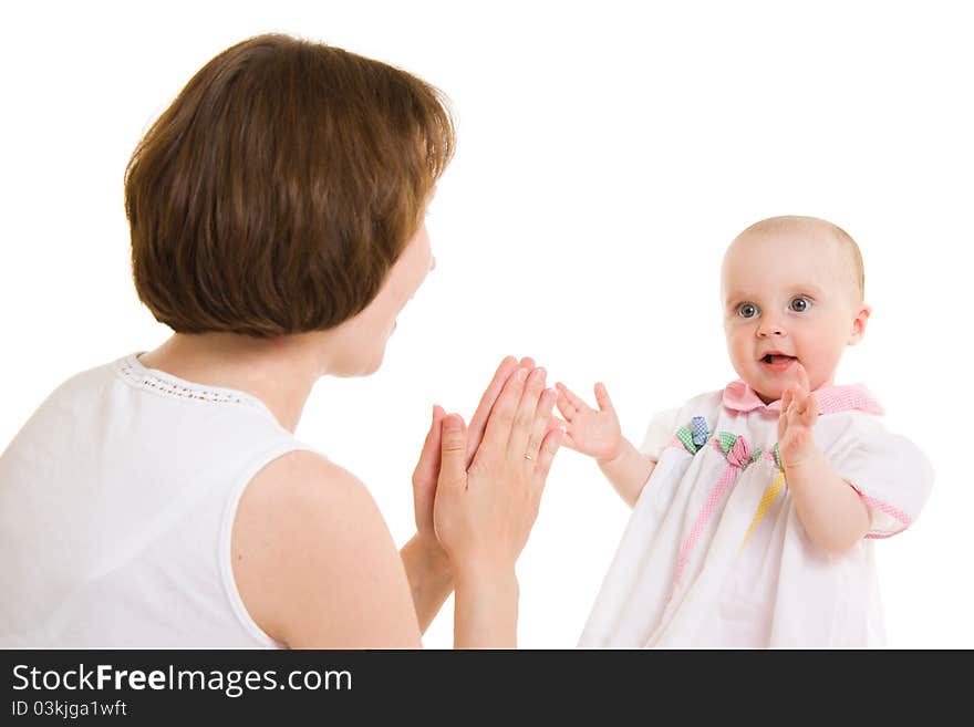 Mother with a baby on a white background.