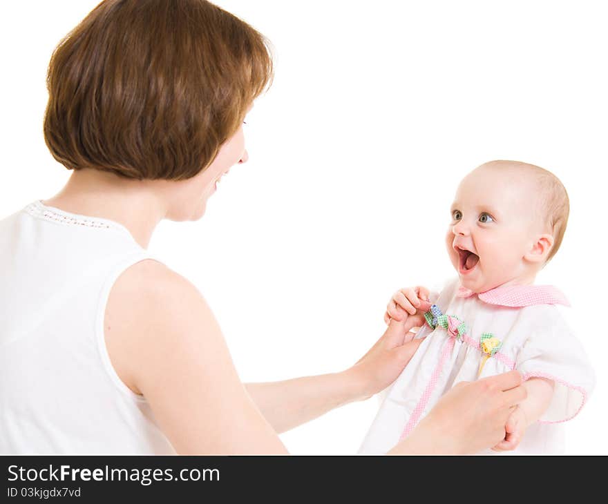 Mother with a baby on a white background.