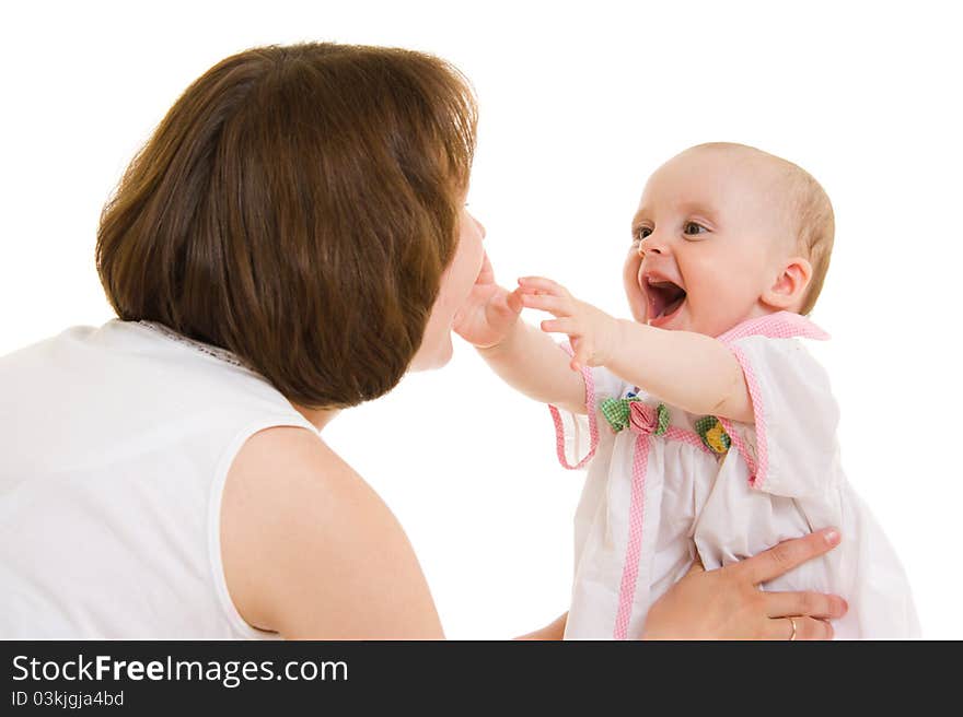 Mother with a baby on a white background.