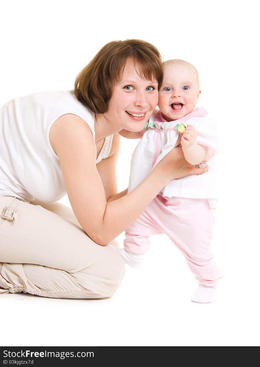 Mother with a baby on a white background.