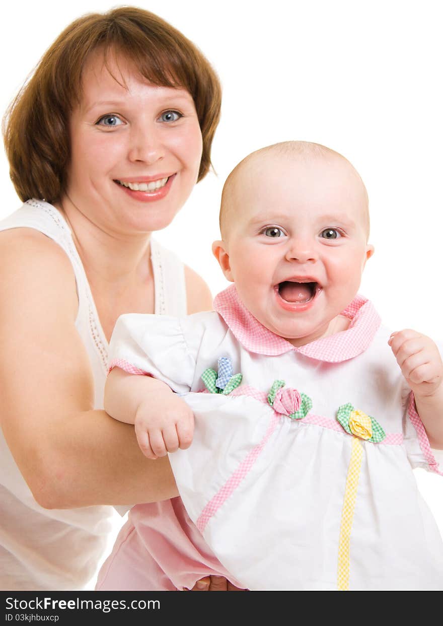 Mother with a baby on a white background.