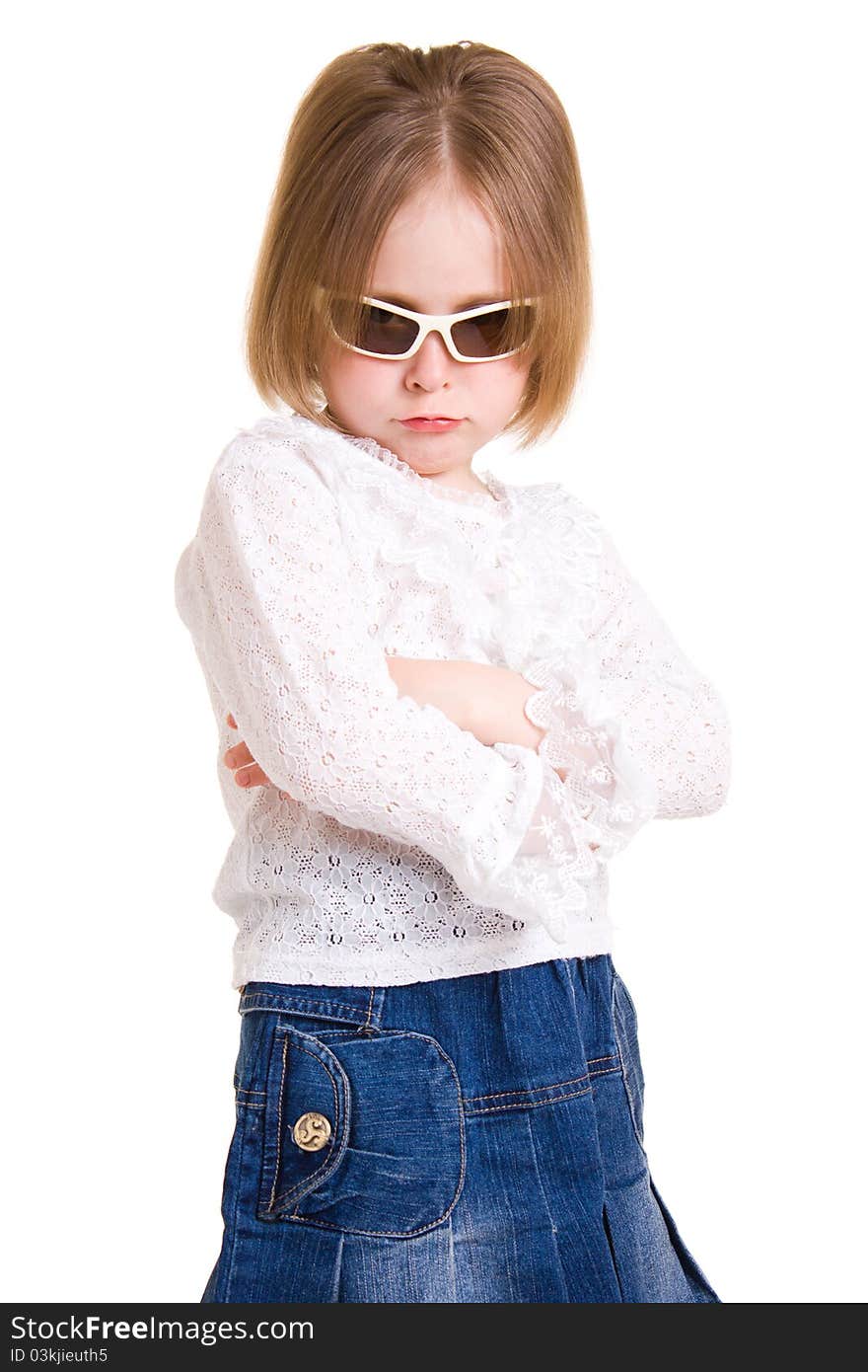 Child in sunglasses on white background.