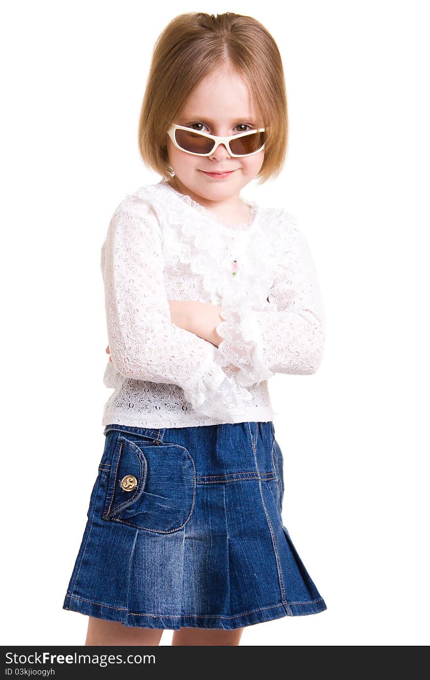 Child in sunglasses on white background.