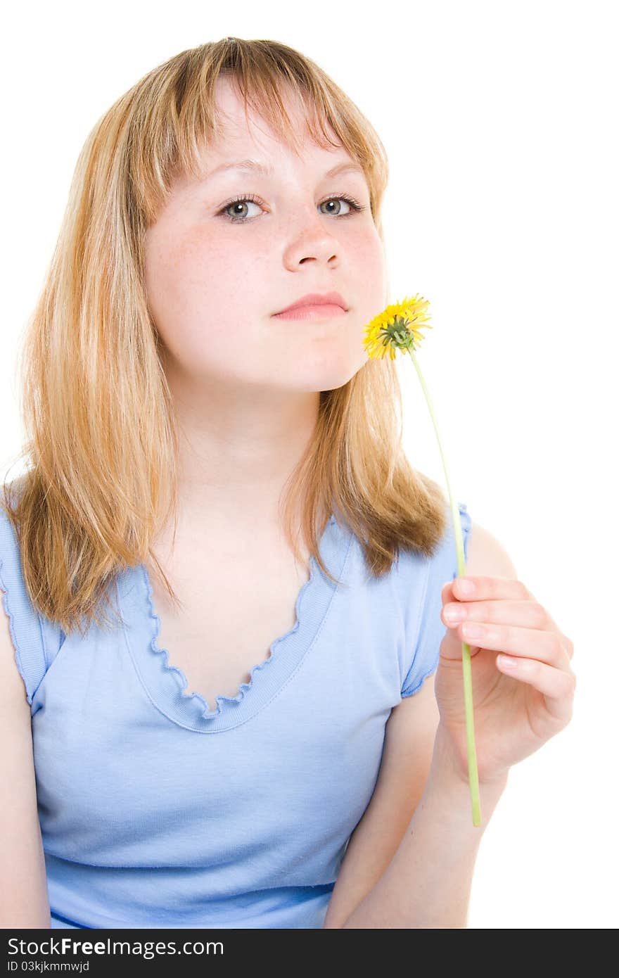 A girl with a flower on a white background