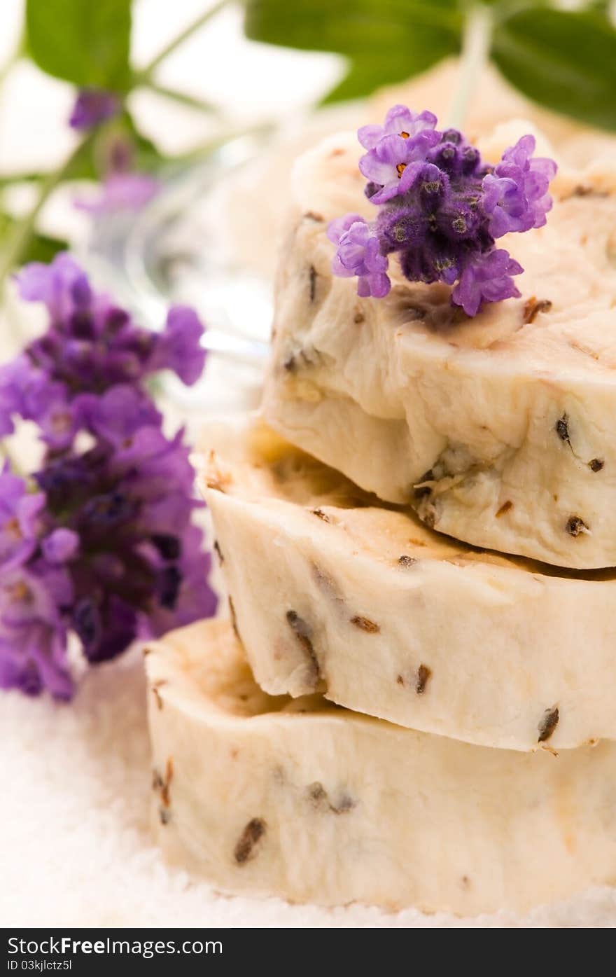 Handmade Soap With Fresh Lavender Flowers And Bath Salt. Handmade Soap With Fresh Lavender Flowers And Bath Salt