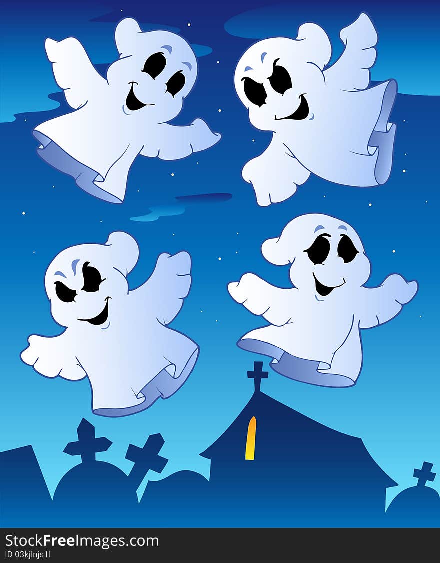 Four ghosts near cemetery - illustration.