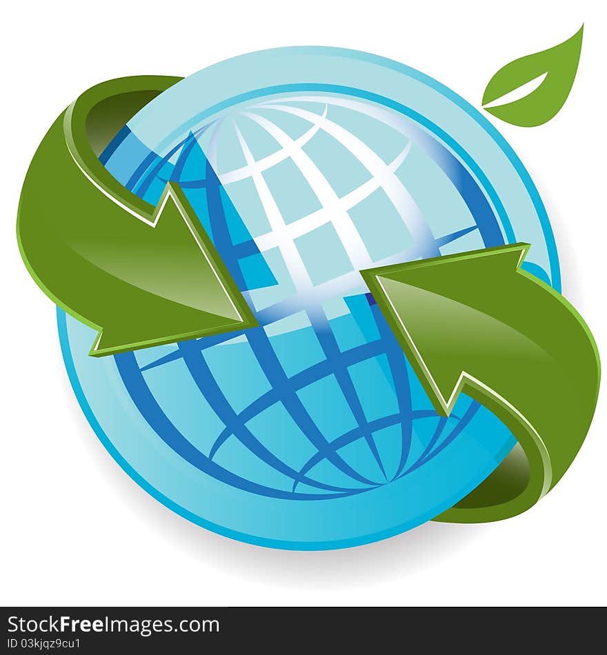 Illustration, abstract blue globe with green arrow