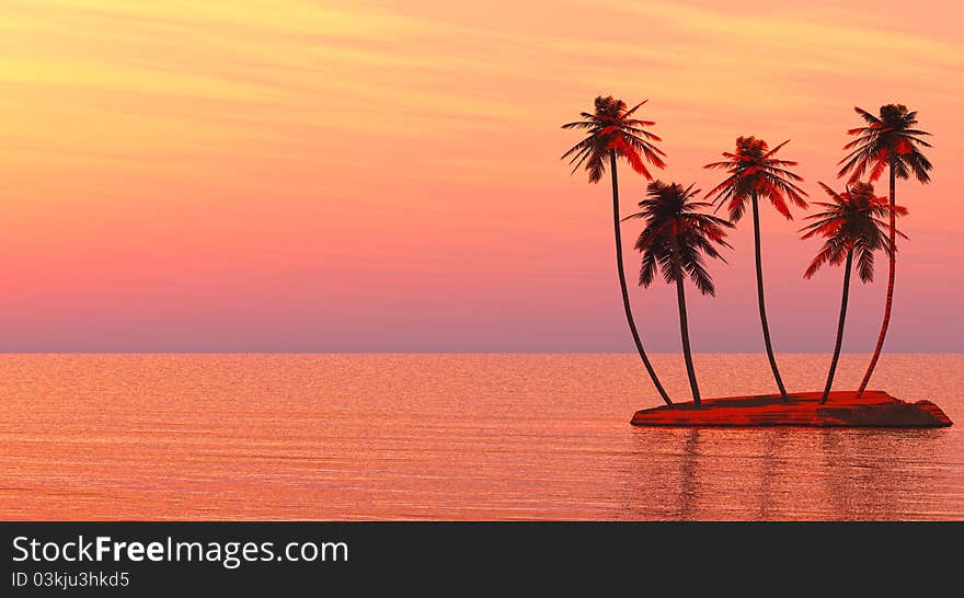 Palms island at sunset sea