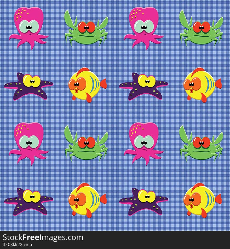 Checked Pattern With Doodle Sea Creatures