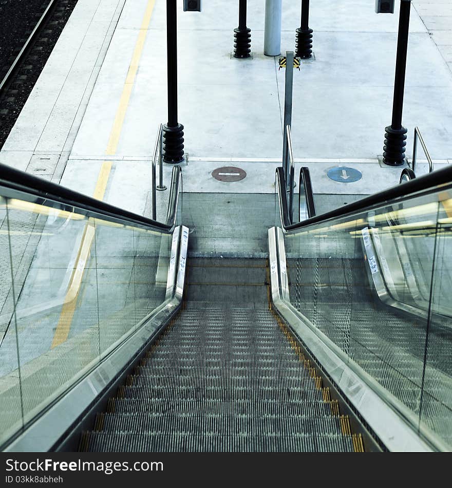 Escalator in France airport with special photographic processing. Escalator in France airport with special photographic processing