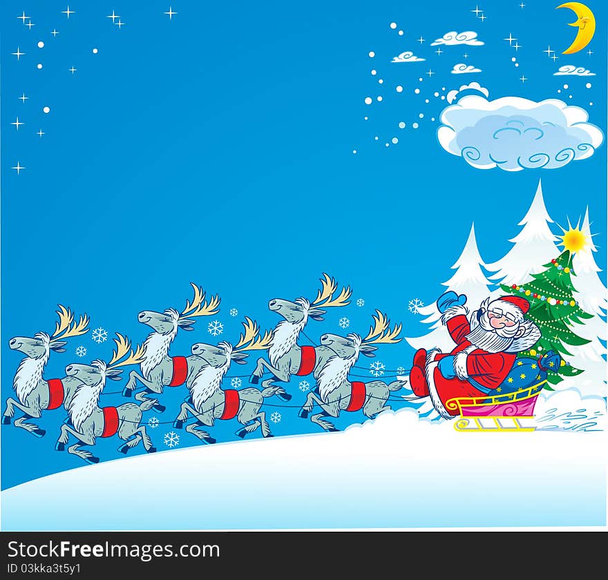 Santa Claus rides in a sleigh through the snow.Next to him a green Christmas tree and gifts.Sledge race several reindeer. Illustration in separate layers. Santa Claus rides in a sleigh through the snow.Next to him a green Christmas tree and gifts.Sledge race several reindeer. Illustration in separate layers.