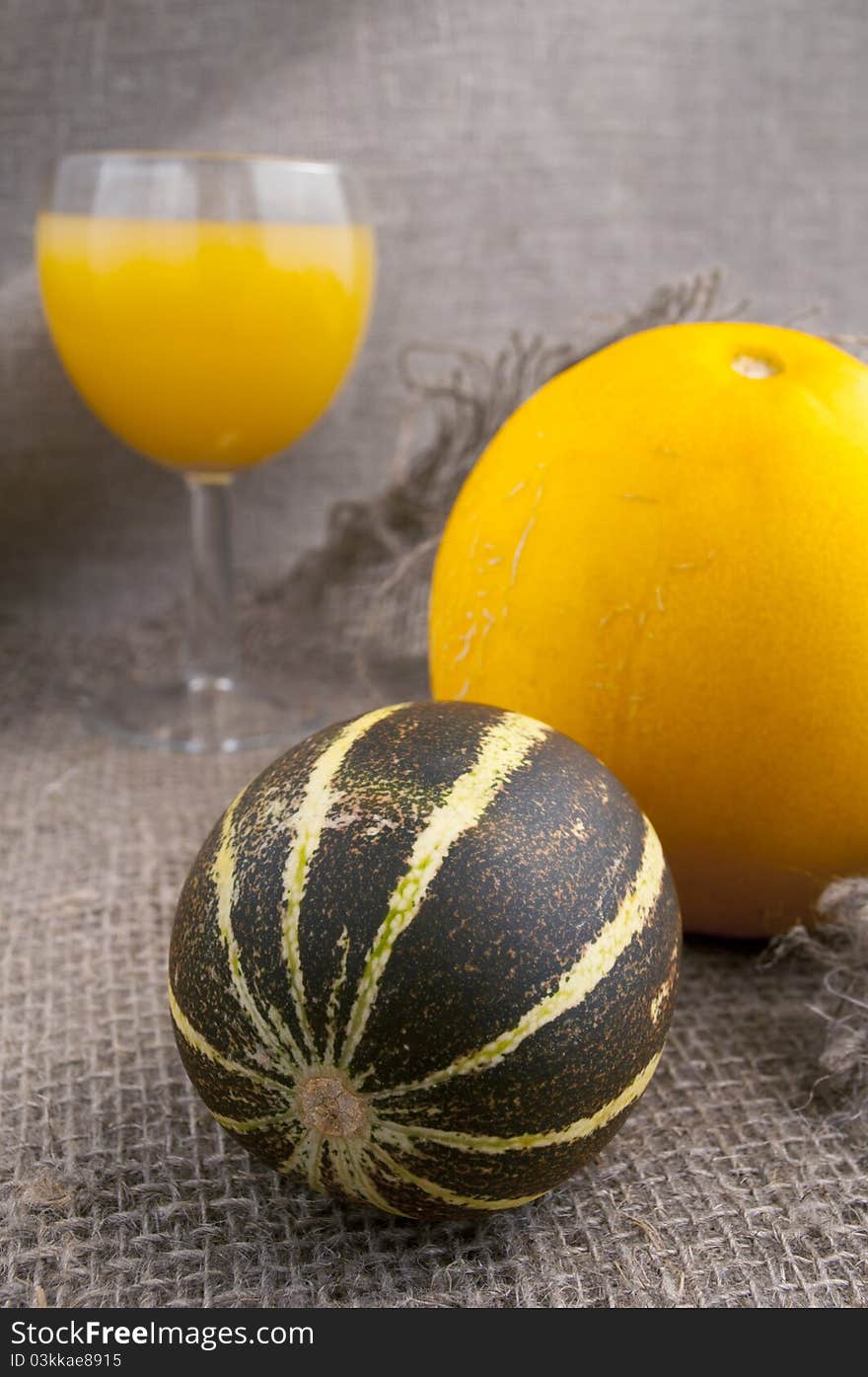 Two full melon on a background of rough cloth