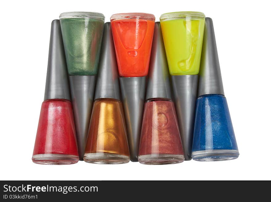 Bottles of nail polish on white background