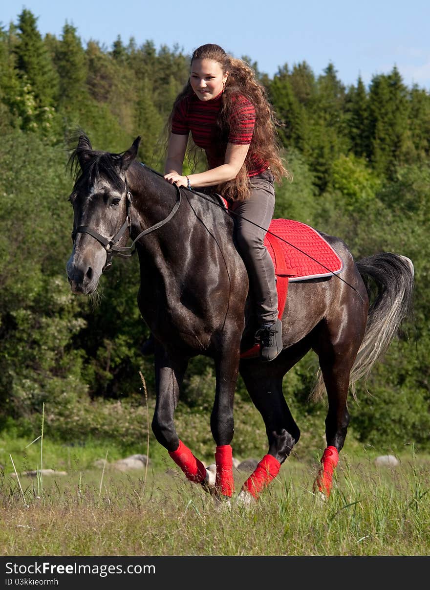 Girl astride a horse galloping on a background of green wood. Girl astride a horse galloping on a background of green wood