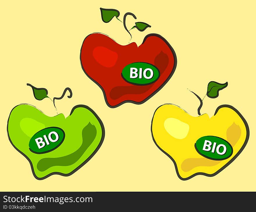 Three bio apples, red, green and yellow