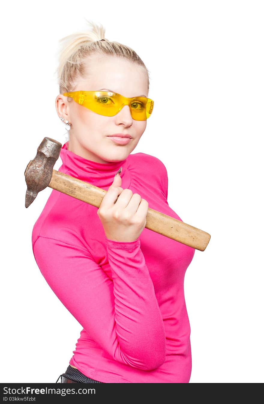 Beautiful blonde in the yellow glasses and hammer