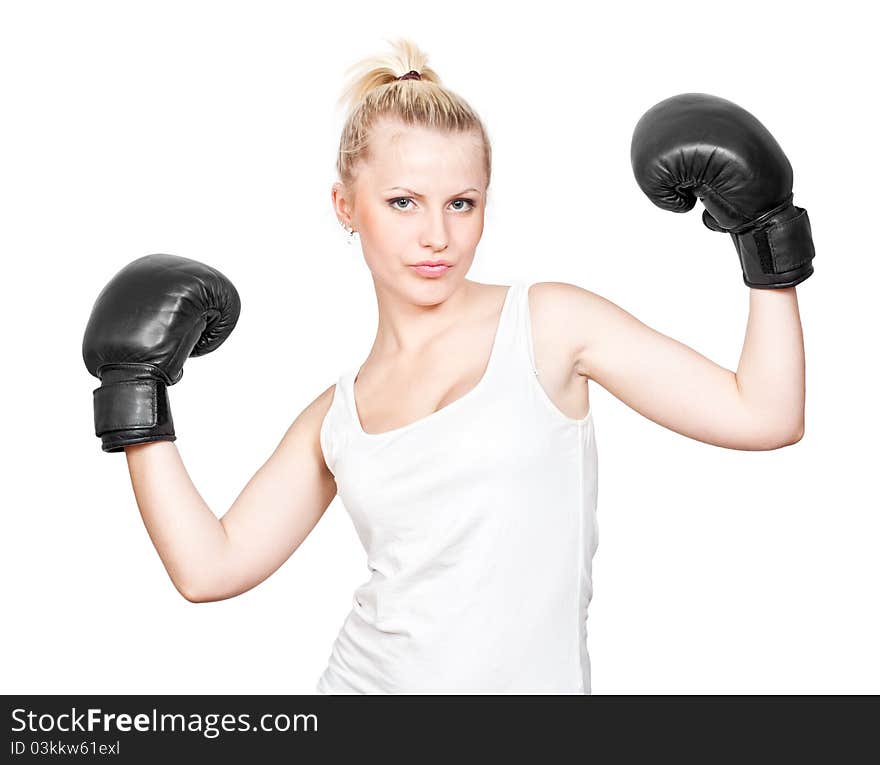 Beautiful blonde girl in boxing gloves. Isolated on white background