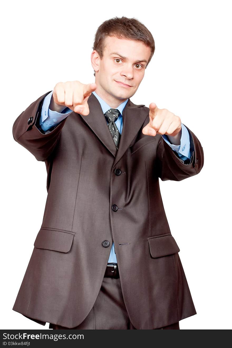 Businessman pointing fingers at viewer