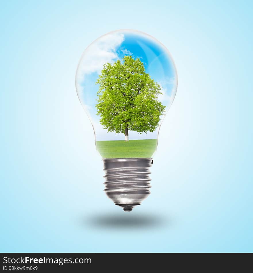 Light bulb with landscape inside. Environmental concept Renewable Energy