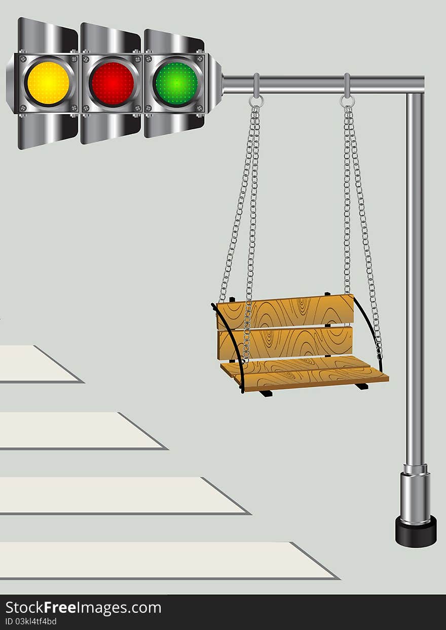 Children swing on a bended traffic lights pole, conceptual graphic