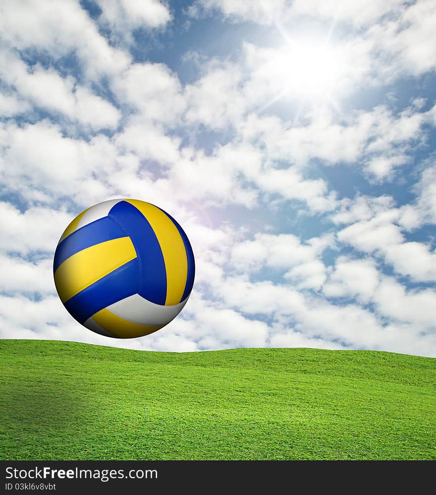 Art work of volleyball in the sky with grass field