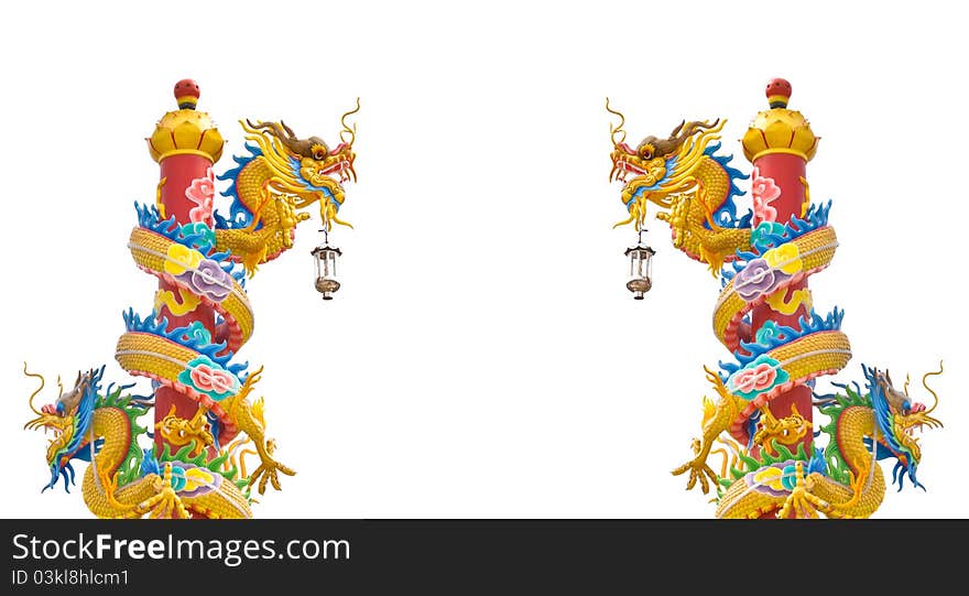 The twin dragon pillar statues on white background