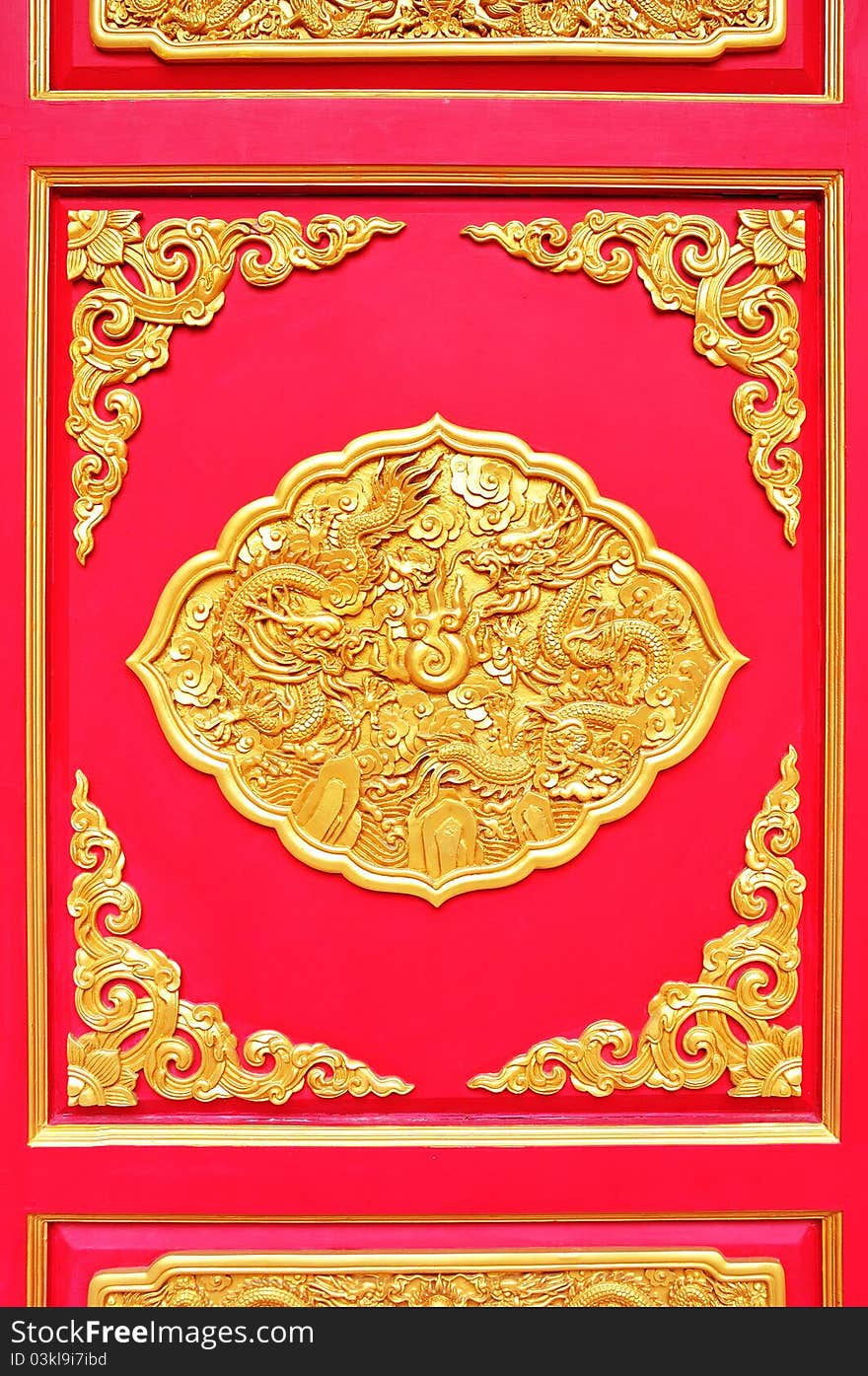 Golden dragon decorated on red wood in chinese temple,Nonthaburi Province,Thailand