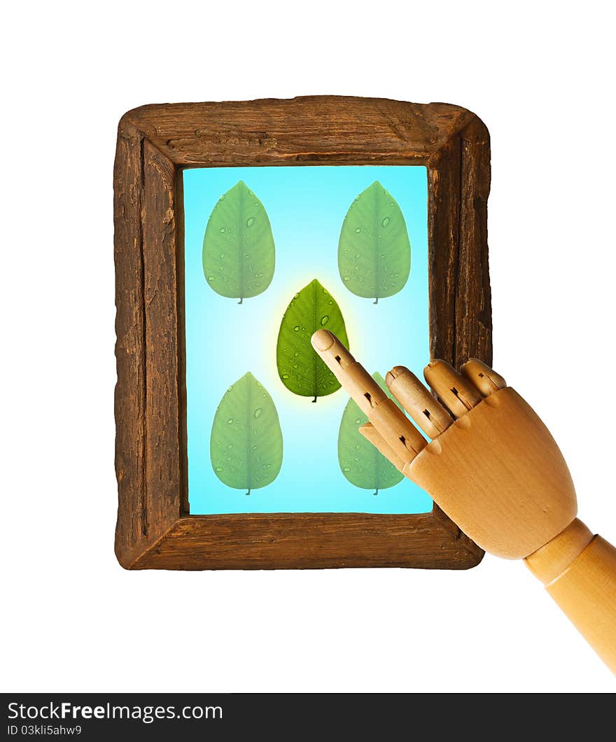 Creative concept of saved green with touch screen, wooden hand pressing leaf button. Creative concept of saved green with touch screen, wooden hand pressing leaf button