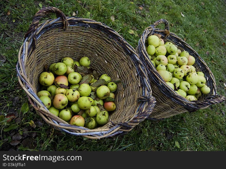 Two baskets with fresh green apples