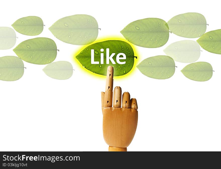 Creative concept of saved green with touch screen, wooden hand pressing leaf button. Creative concept of saved green with touch screen, wooden hand pressing leaf button