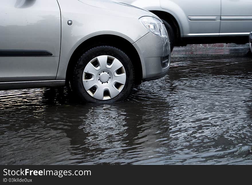 Car wheel in flood