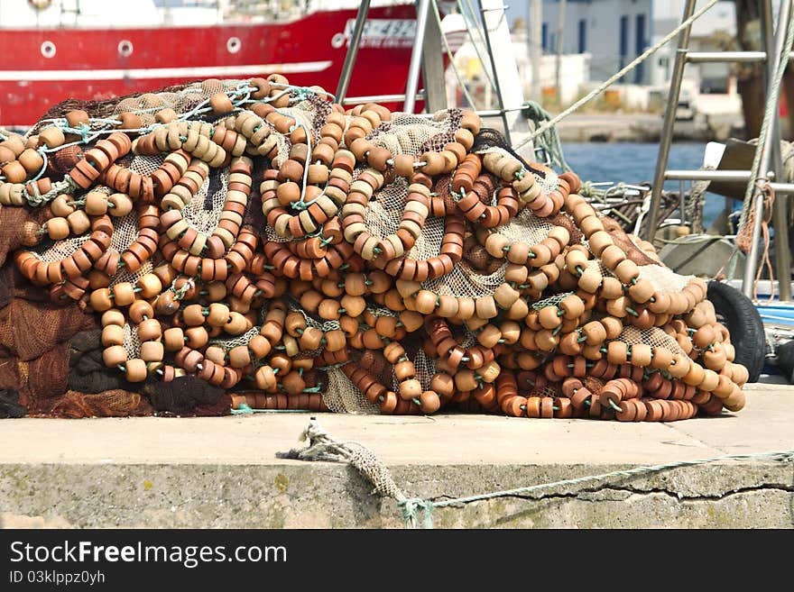 View of several orange floaters on the docks.