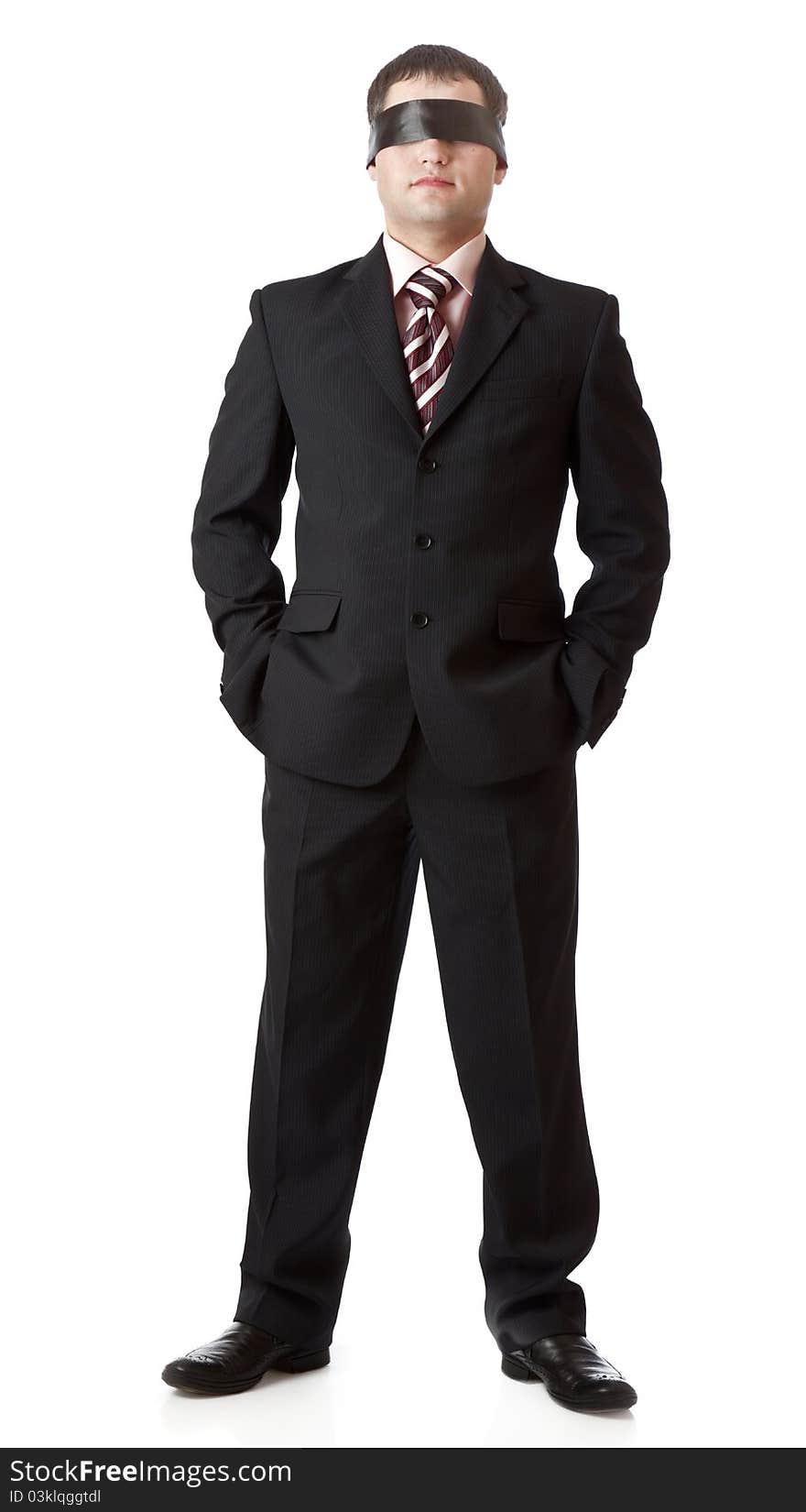 A man is standing in a black ribbon isolated on a white background