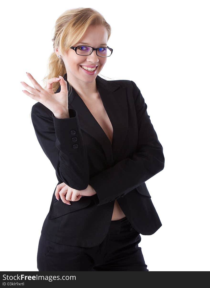 A smiling businesswoman in showing