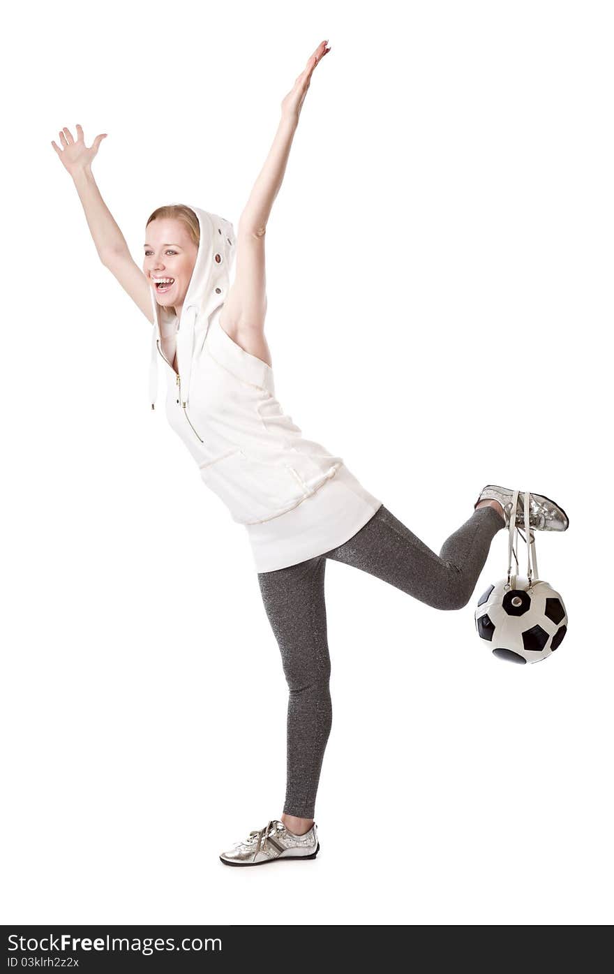 Young blond woman with a bag shaped like a soccer ball. Isolated on white background. Young blond woman with a bag shaped like a soccer ball. Isolated on white background