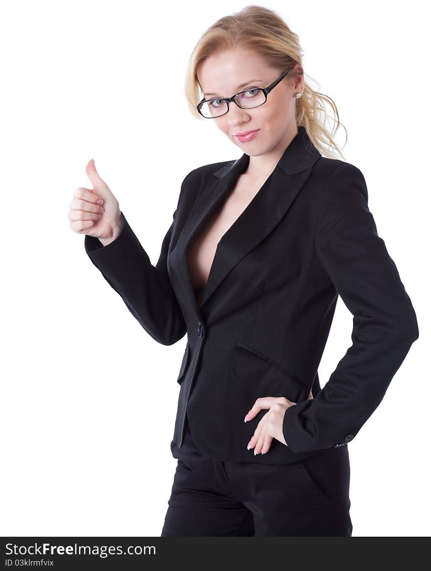 A smiling businesswoman in showing Thumb up. isolated on a white background