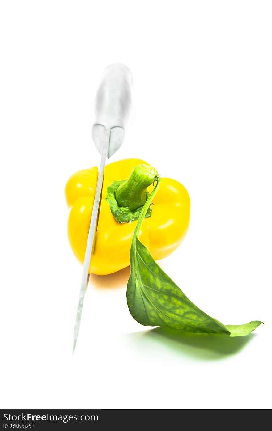 Yellow Sweet Pepper with Knife Isolation with white background. Yellow Sweet Pepper with Knife Isolation with white background