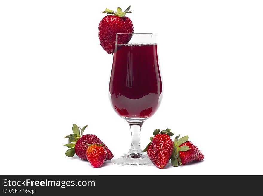 Close view of a glass of strawberry juice isolated on a white background.