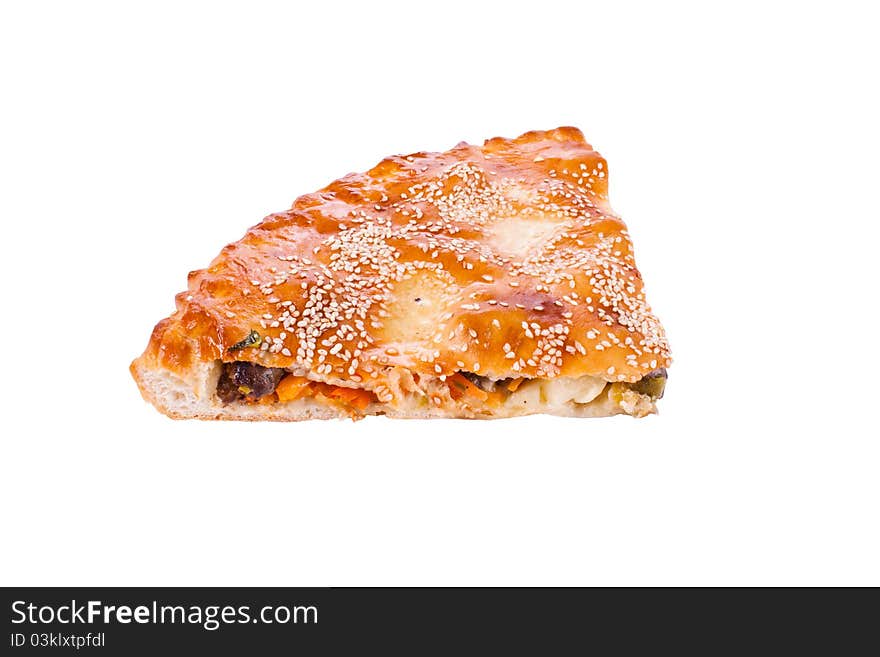 A piece of meat pie on a white background. A piece of meat pie on a white background