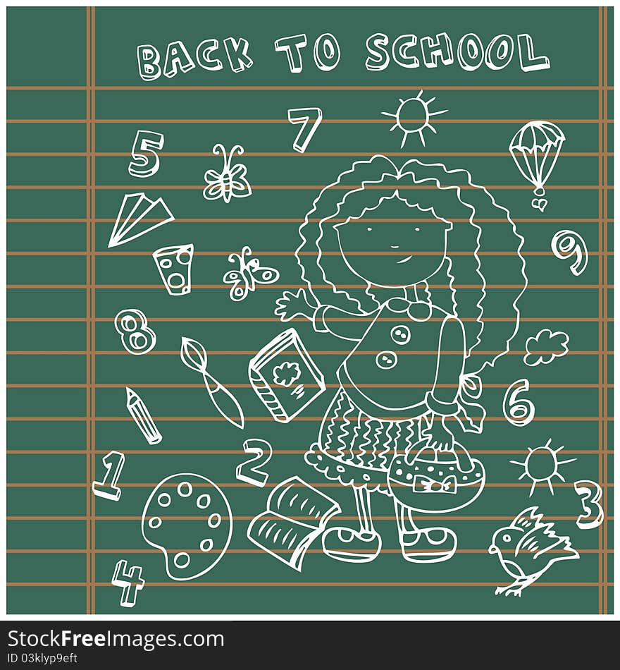 School Girl Background. Cartoon Icons Set